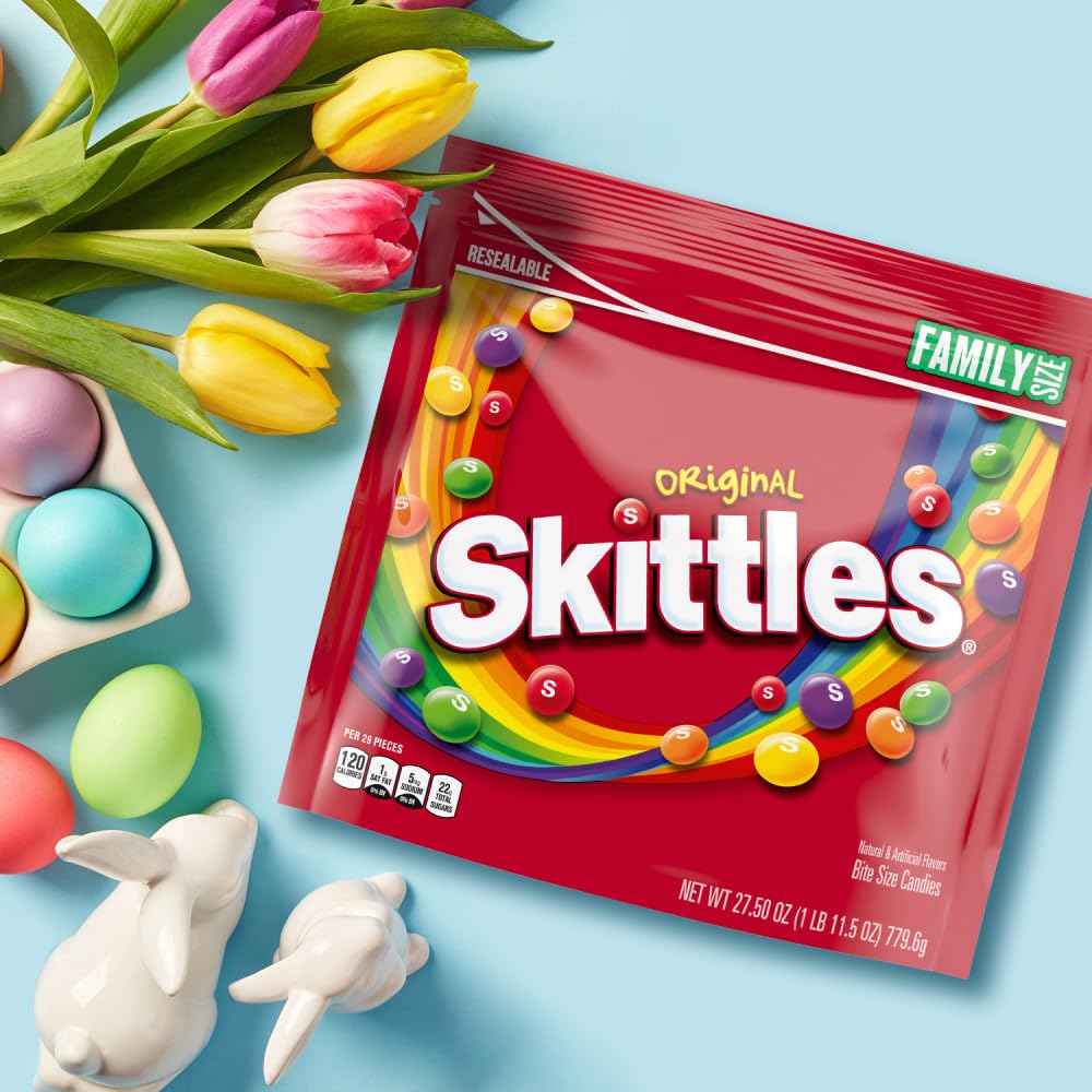Skittles Easter candy display in a basket adds color to a dessert table