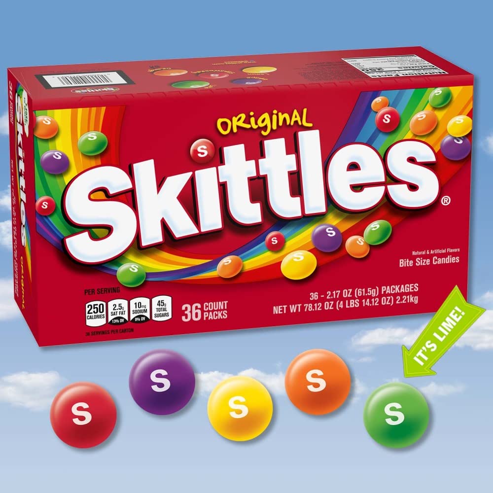 Skittles fruity flavors offer grape, lemon, orange, strawberry, and lime for colorful treats