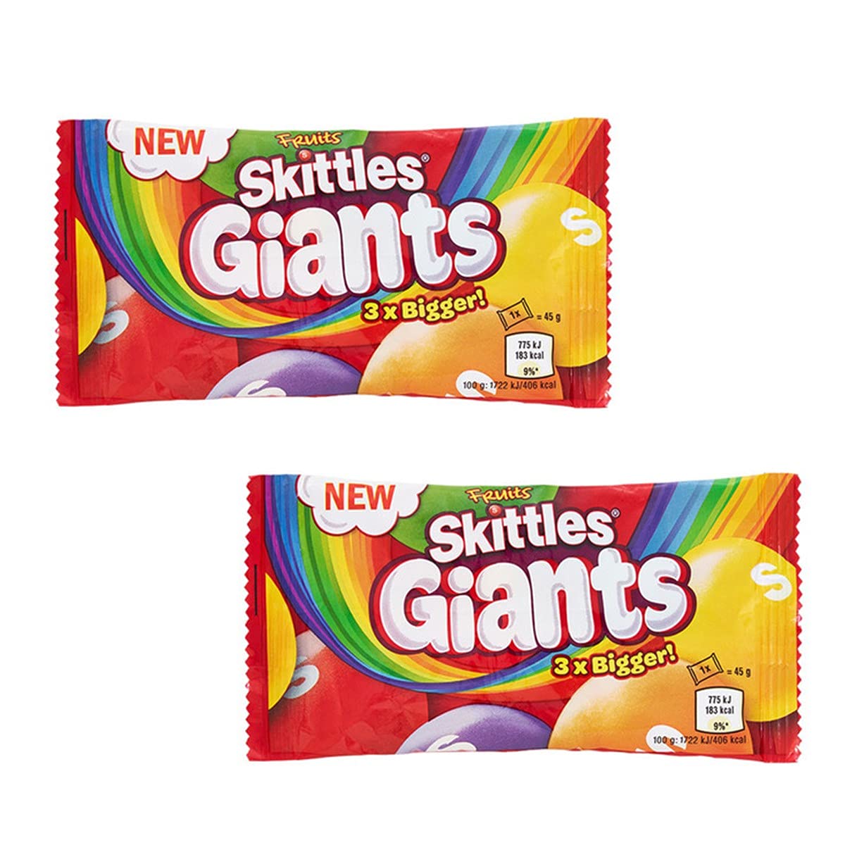 Skittles Giants Fruit Sweets front pack image showing two bags for sharing and rainbow flavors