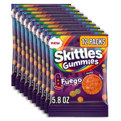 skittles gummies fuego bag-front shows bold spicy fruity candy for snacking.