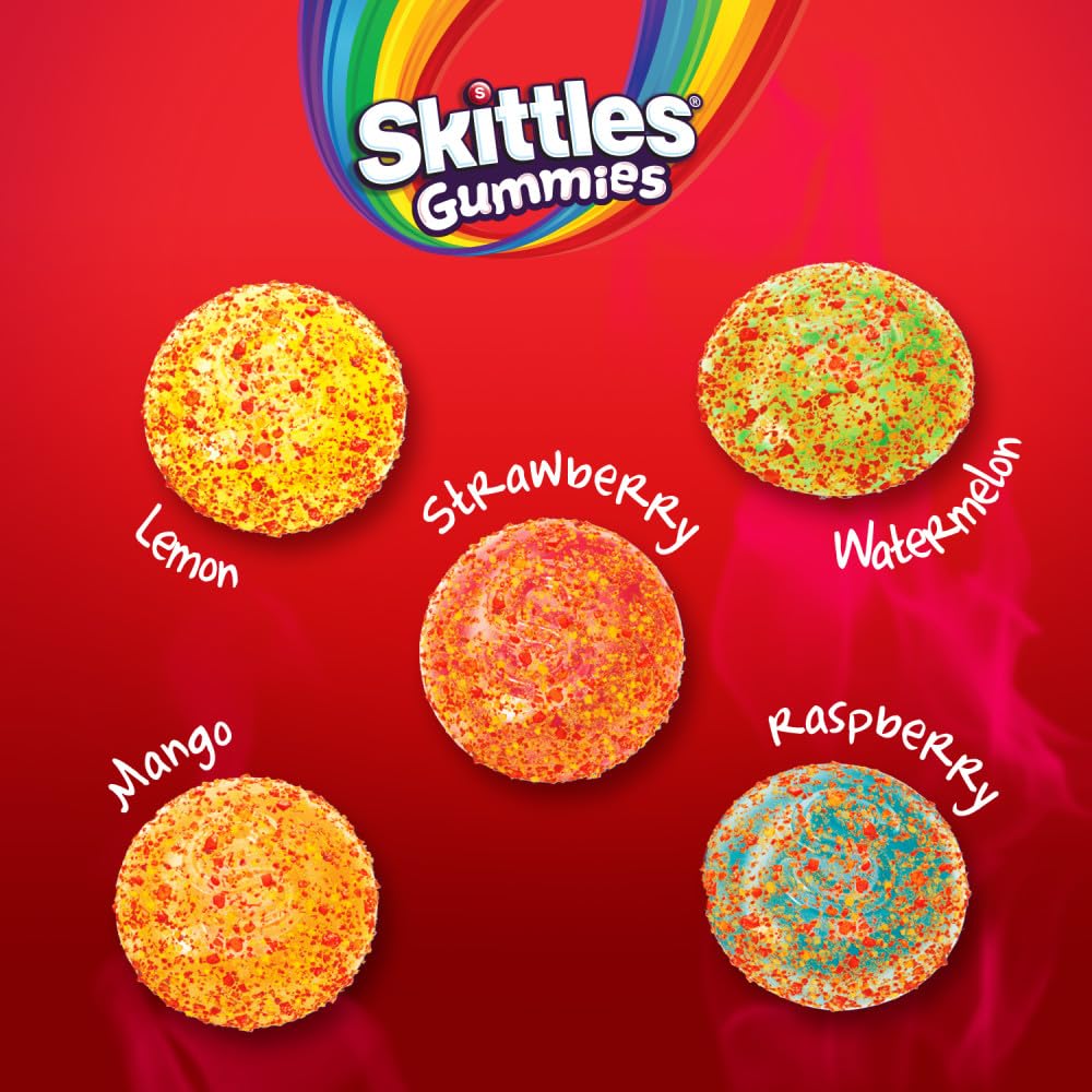 skittles gummies fuego fruit-flavors-closeup shows Mango Watermelon Strawberry Raspberry Lemon.