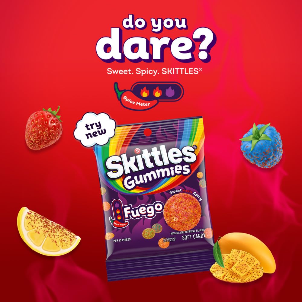 skittles gummies fuego mango-flavor closeup invites sweet heat.