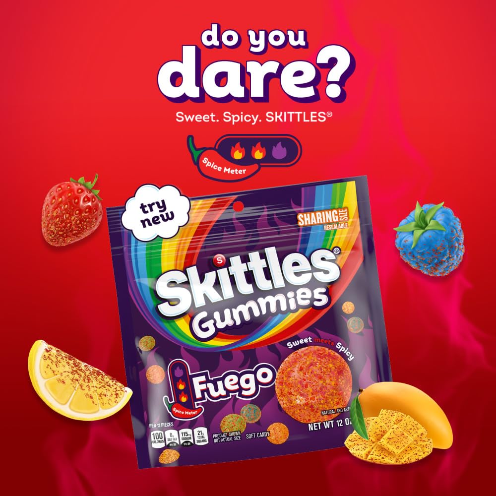 Skittles GUMMIES Fuego mango-flavor piece with bright color and tang