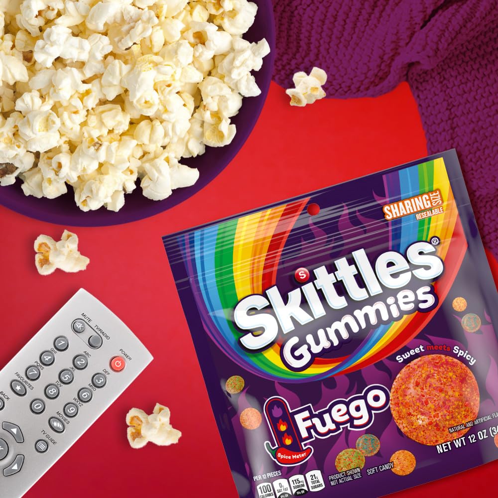 Skittles GUMMIES Fuego raspberry-lemon piece with tangy chili dust