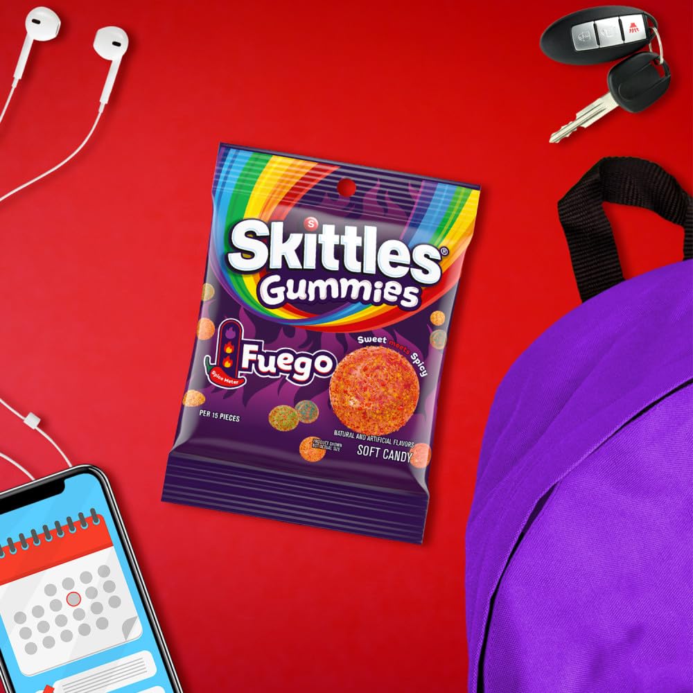 skittles gummies fuego watermelon-flavor image suggests refreshing spicy fruit.