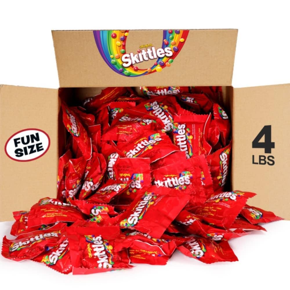 Skittles Original fun size candy box with a rainbow of flavors for sharing.