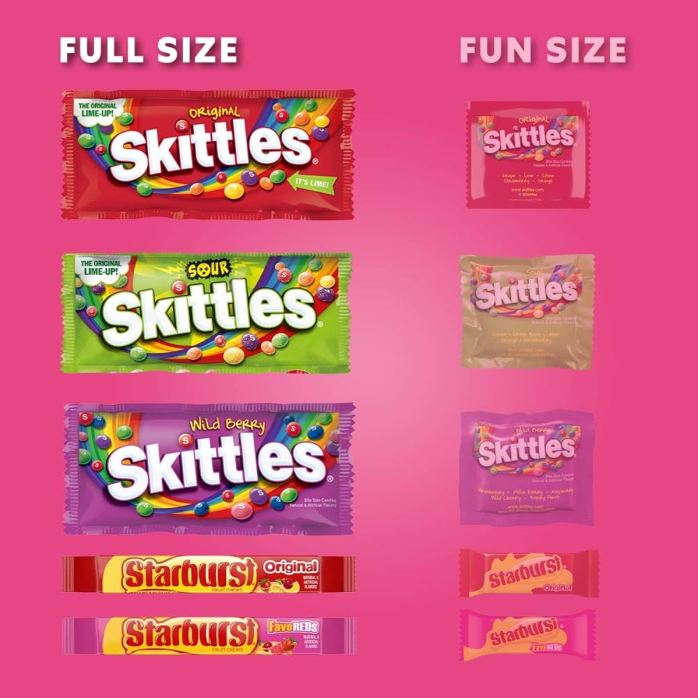 Close-up of colorful SKITTLES and STARBURST wrappers sparks playful snacking.