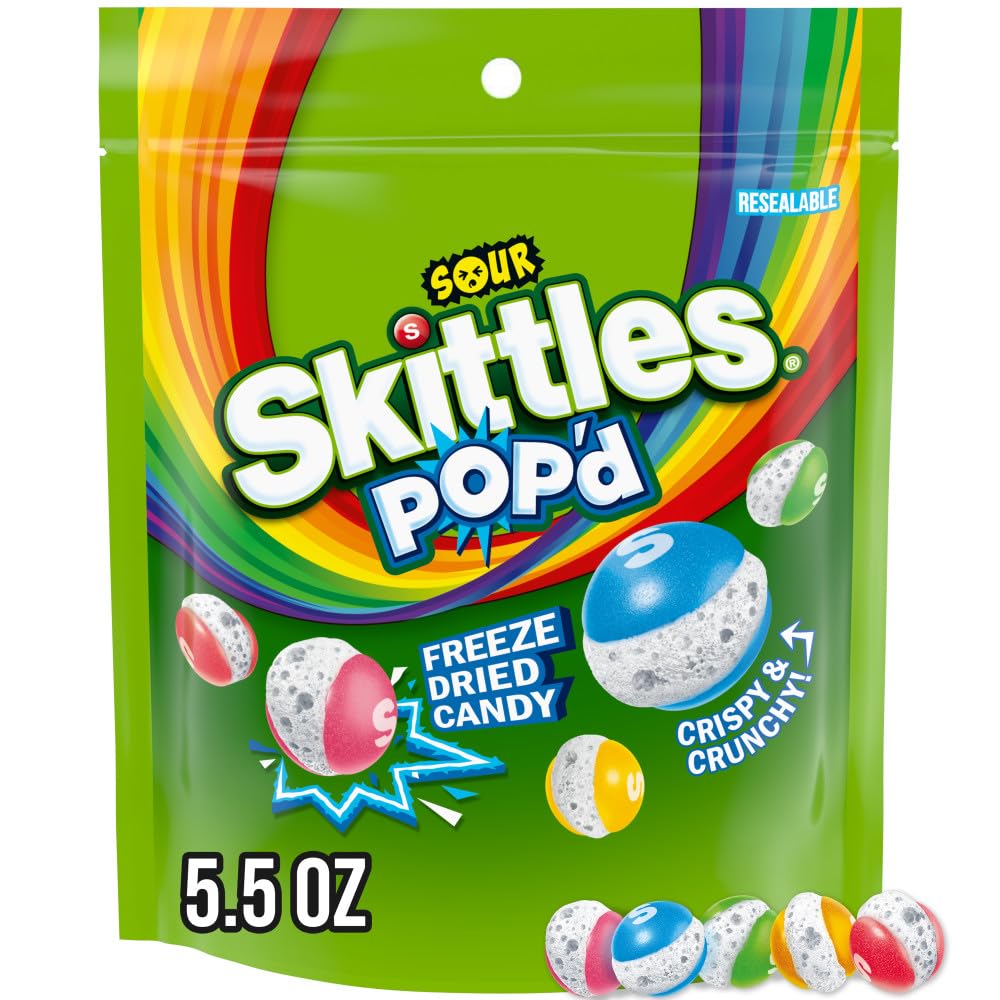 Skittles POP'd Freeze Dried Sour Candy bag ready for on-the-go snacking.