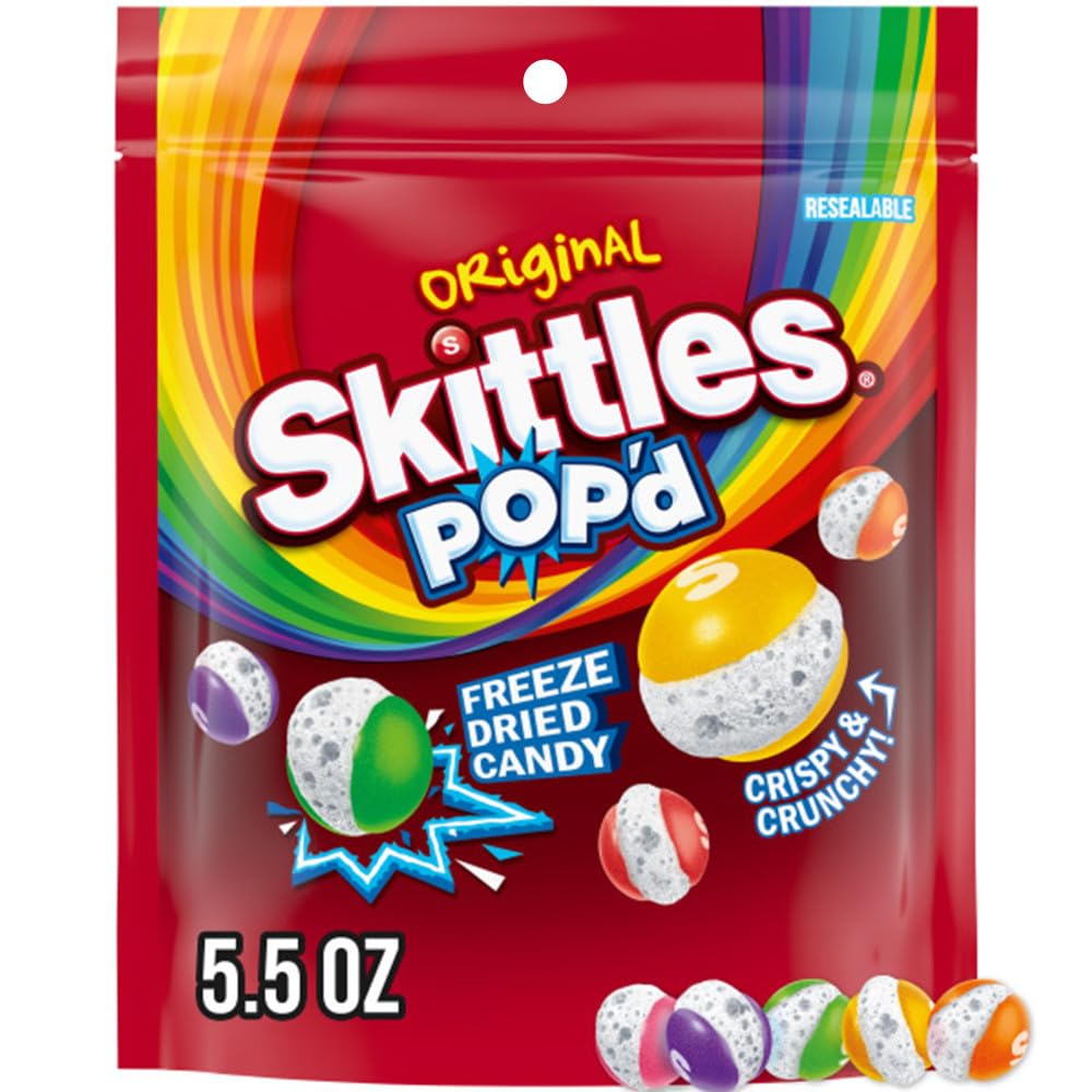 Skittles POP'd Originals freeze dried candy bag with fruity crunch for on-the-go snacking
