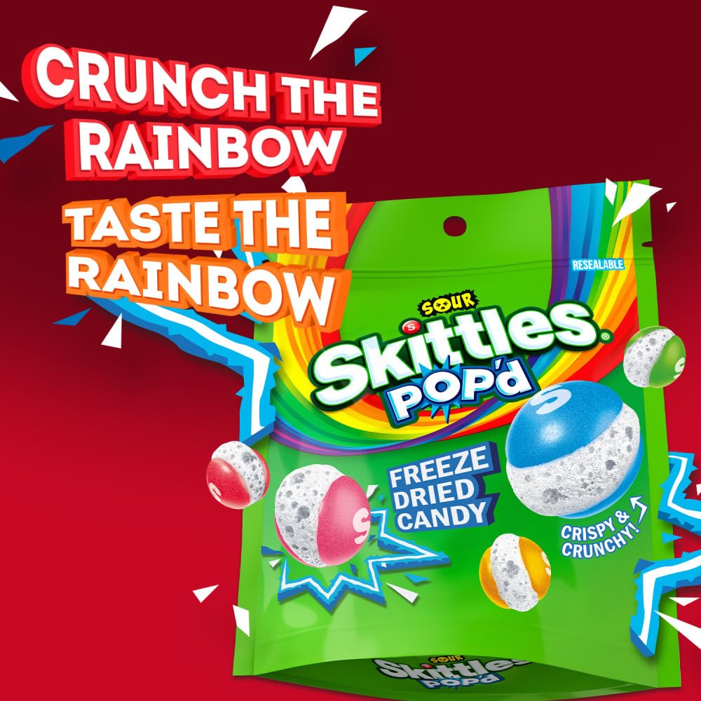 Skittles POP'd ideal for movie night snacking in a resealable bag.