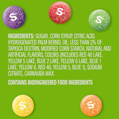 Skittles Sour Chewy Candy colors highlight strawberry, lime, lemon, orange, grape flavors.