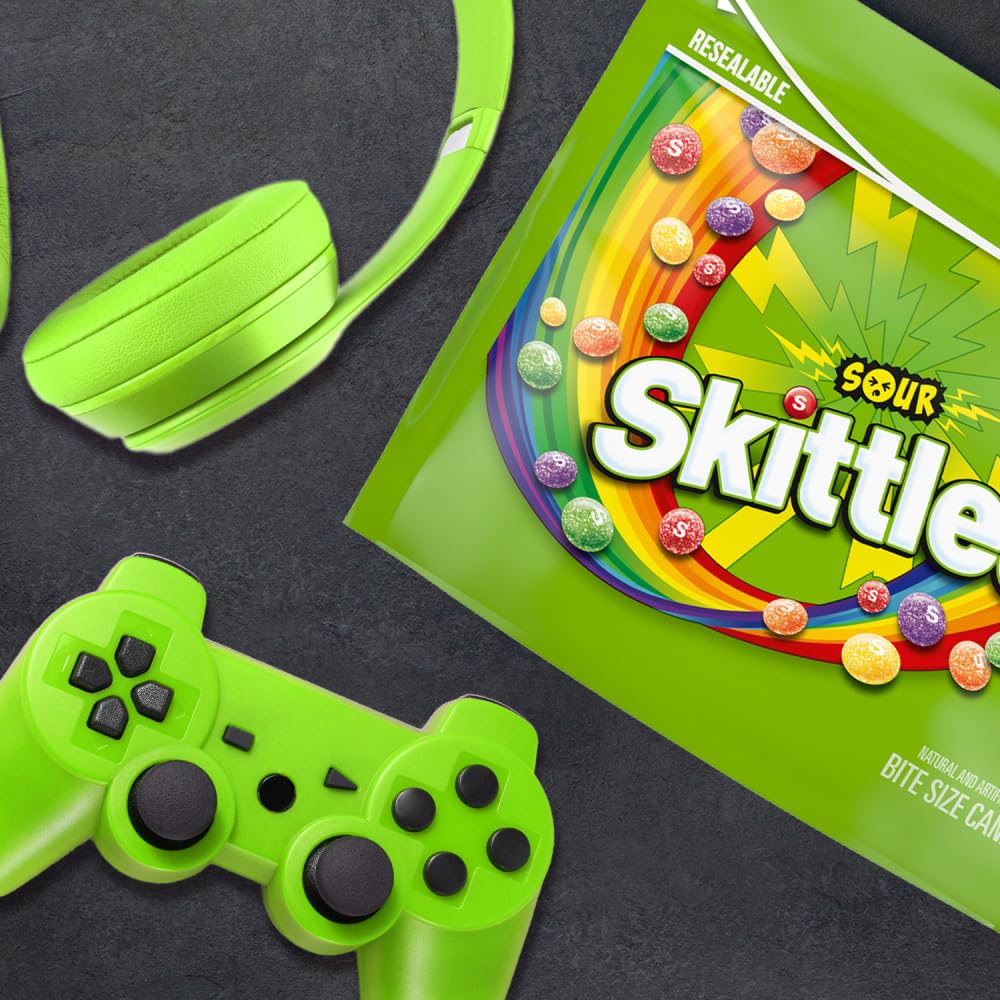 Skittles Sour Chewy Candy bags open showing chewy bites.