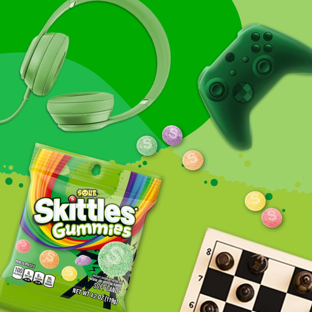 Skittles Sour Gummy Candy shows chewy texture and tart appeal.