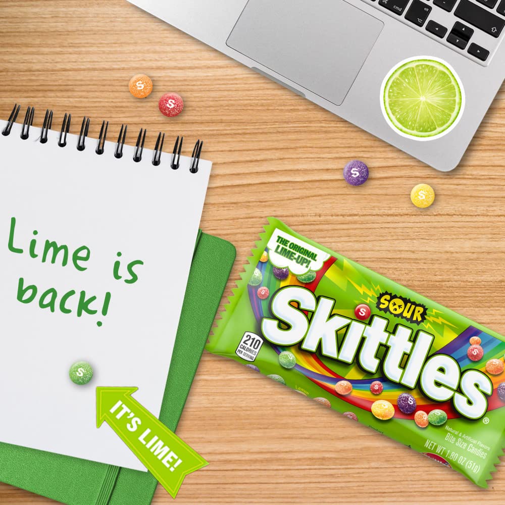 Skittles Sours packaging and wrappers showcase vibrant greens and yellows.