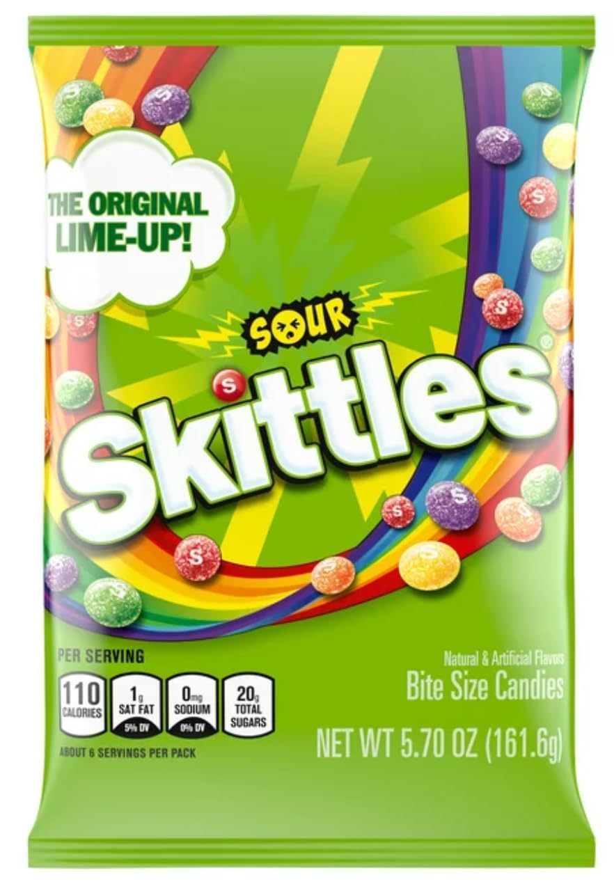 Skittles Sours resealable bag helps keep freshness between bites.
