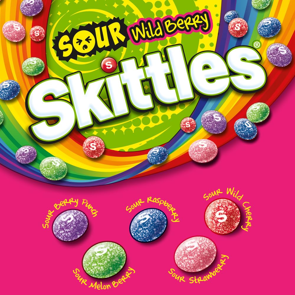 Colorful bowl of Skittles Sours Wild Berry, perfect for movie nights with friends.