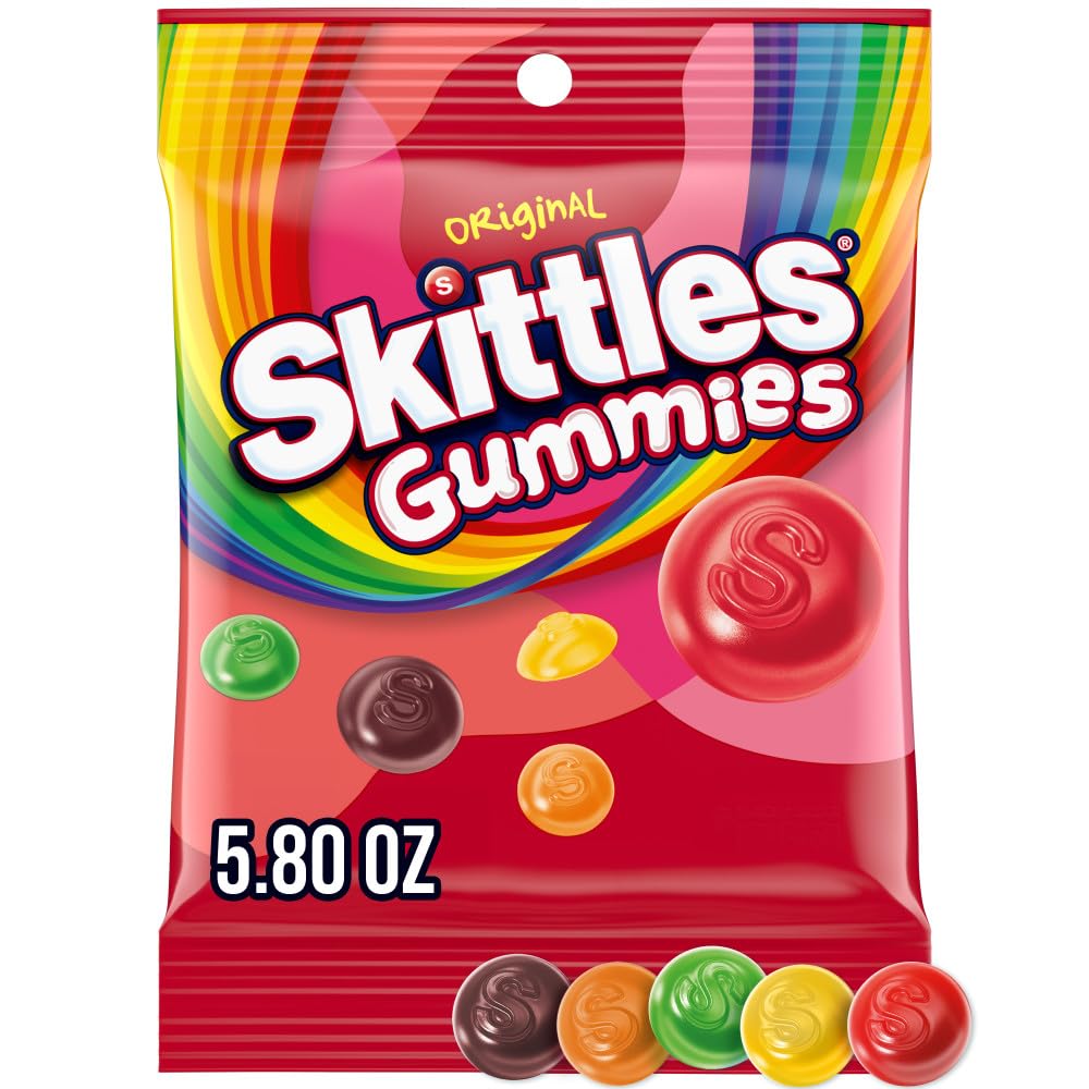 Skittles St Patrick’s Day gummies bags show vibrant rainbow colors for party favors.