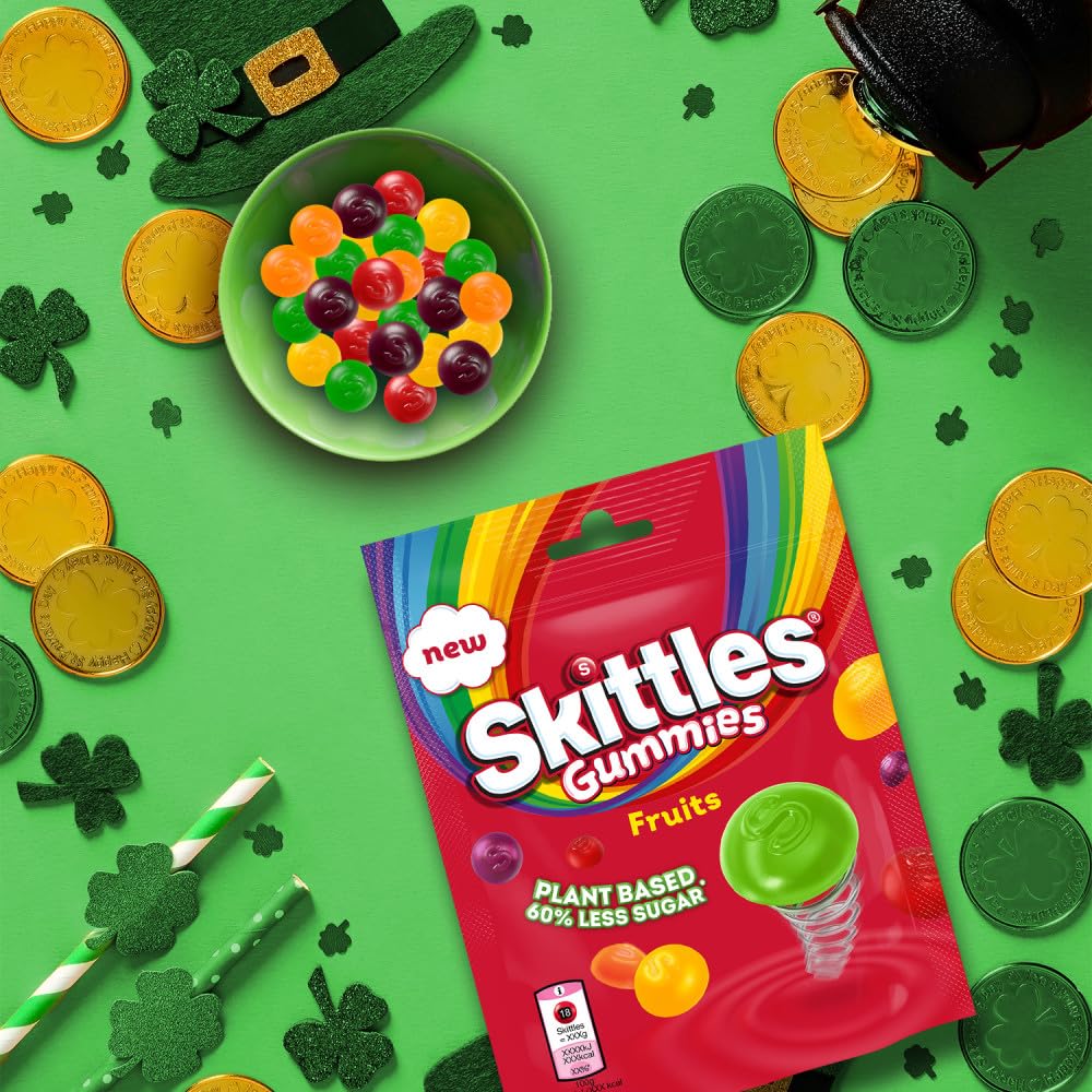Assorted SKITTLES gummies flavors in a rainbow assortment.