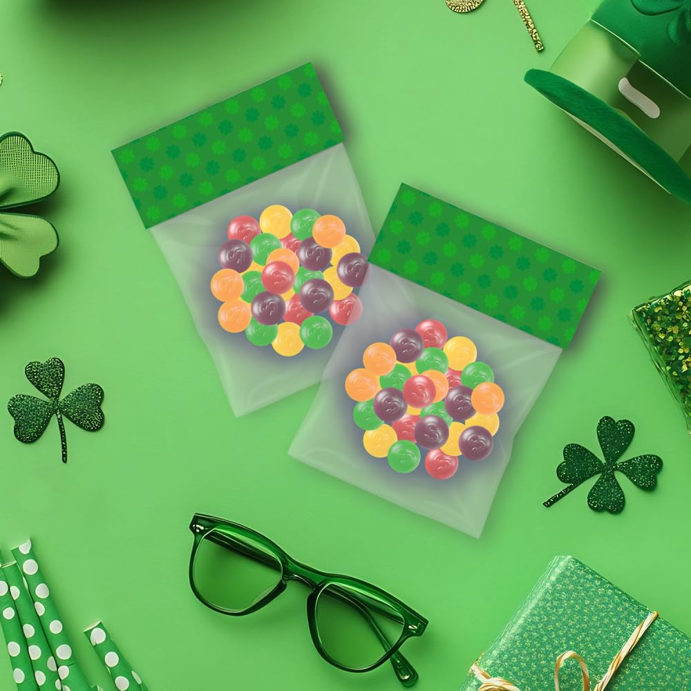 Party favors featuring Skittles Gummies for St. Patrick’s Day celebrations.