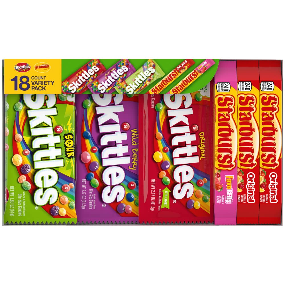 Open box displays SKITTLES Original, Sour, Wild Berry, STARBURST Original and FaveREDS.