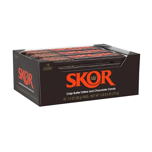 SKOR butter toffee in chocolate, close-up bite with satisfying crunch.