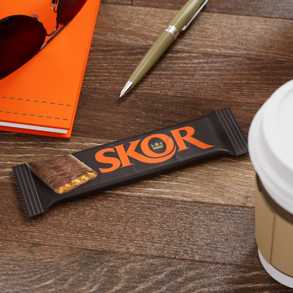 SKOR chocolate toffee bars holiday display, festive and inviting.