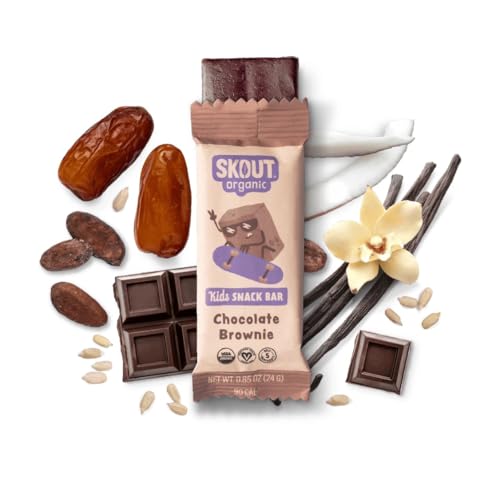 Skout Organic Chocolate Brownie Bars 18-pack packaging, kid-friendly vegan and gluten-free snack.