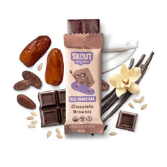 Skout Organic Chocolate Brownie Bars 18-pack packaging, kid-friendly vegan and gluten-free snack.
