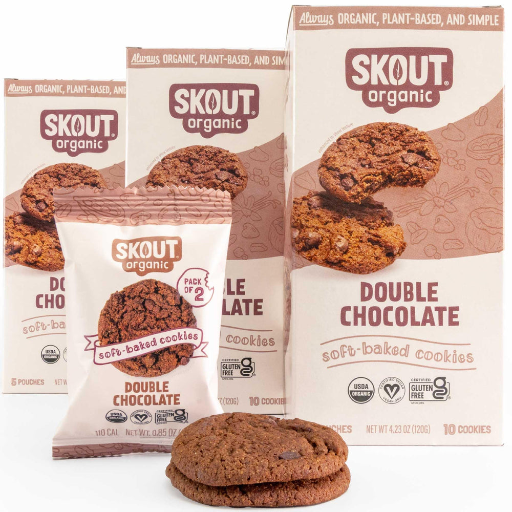 Skout Organic Double Chocolate soft-baked cookie 3-pack front view for quick, tasty snacks