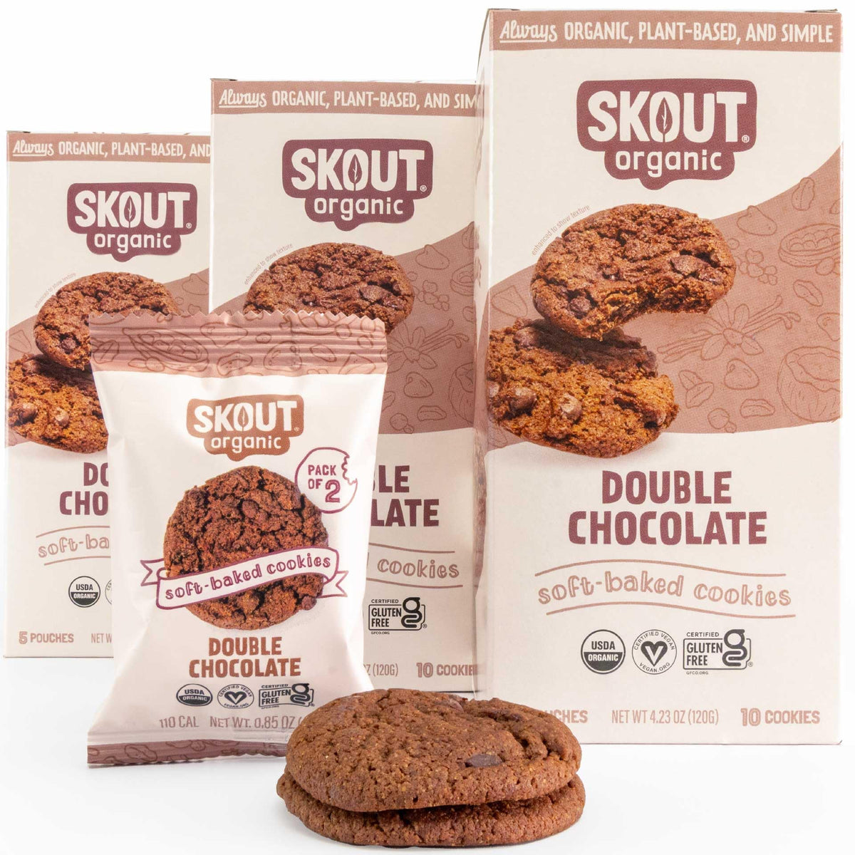 Skout Organic Double Chocolate soft-baked cookie 3-pack front view for quick, tasty snacks