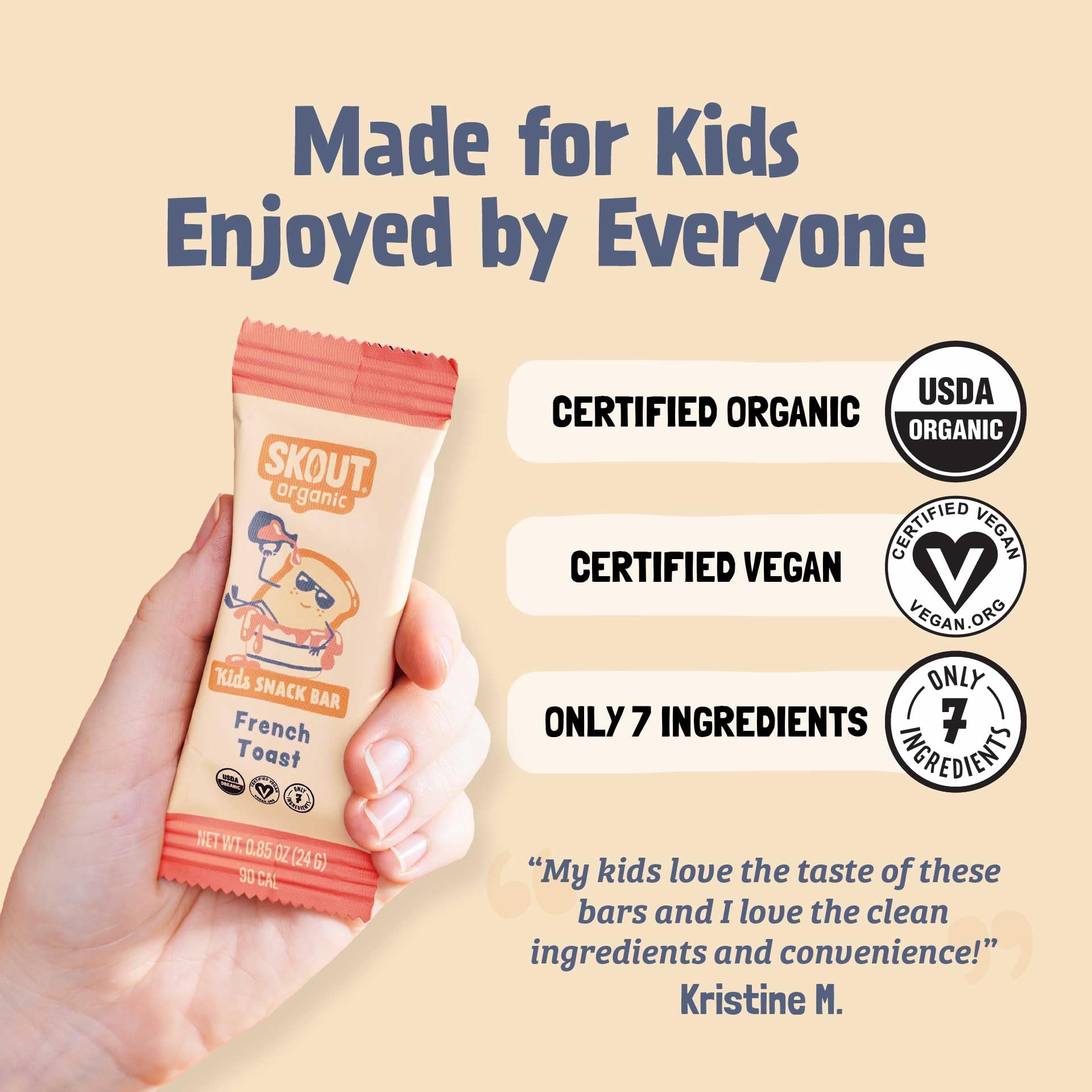 Skout bars showcase gluten-free, dairy-free, egg-free attributes for allergen-aware snacking.