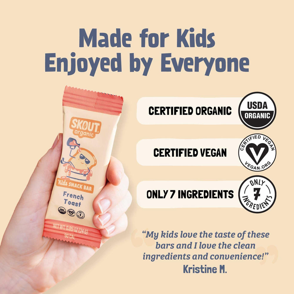 Skout bars showcase gluten-free, dairy-free, egg-free attributes for allergen-aware snacking.