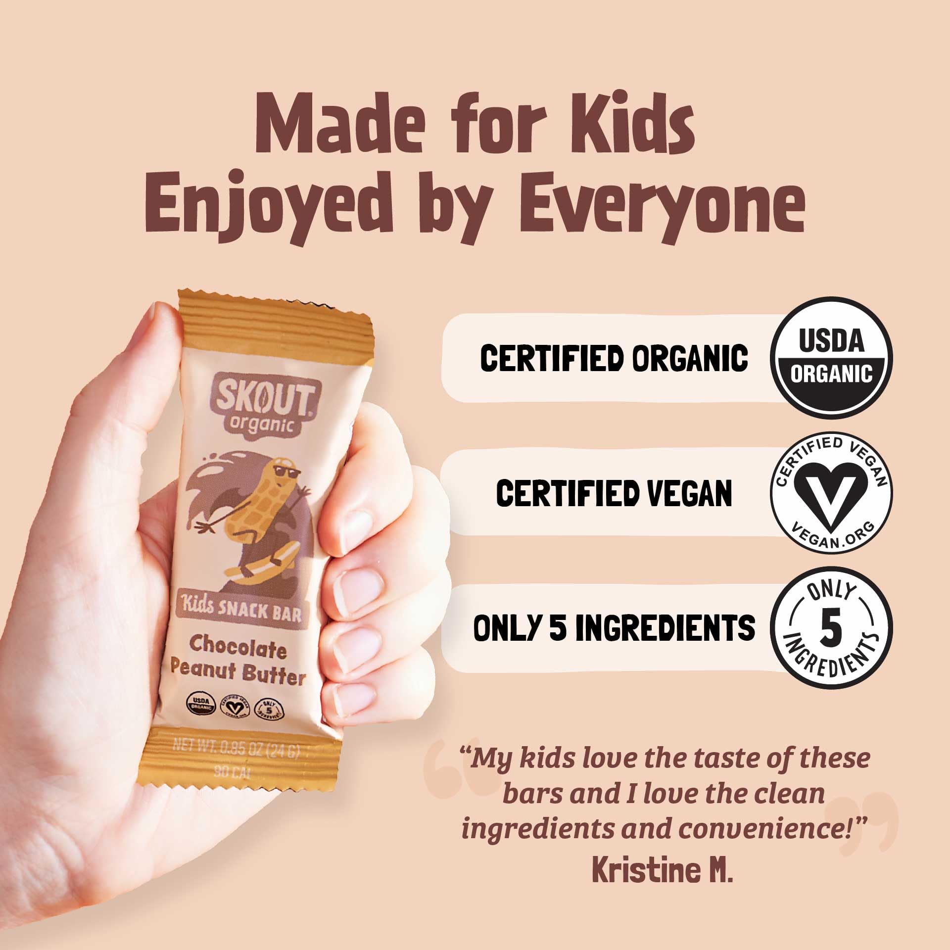 Skout ingredient label notes organic, vegan, gluten-free, and kosher standards