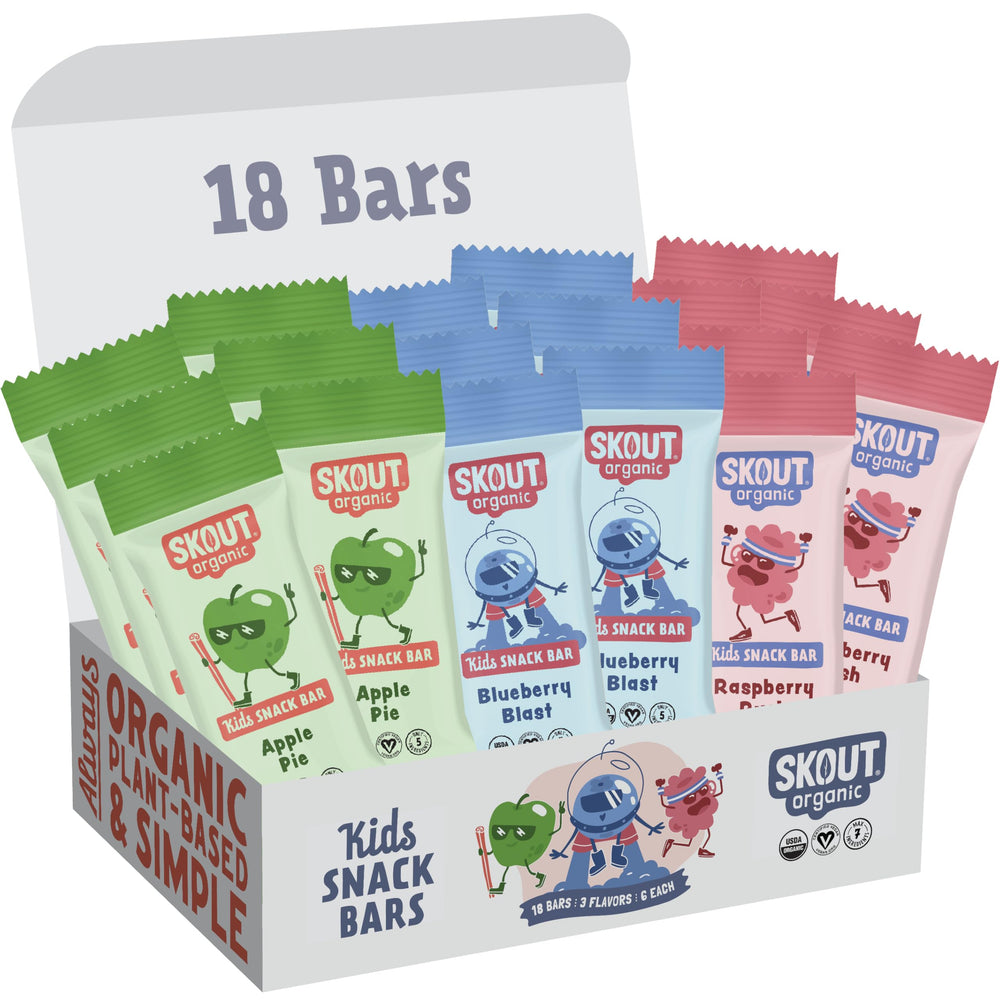 Skout Organic Kids Blueberry Blast bar close-up, ideal for on-the-go snacking.
