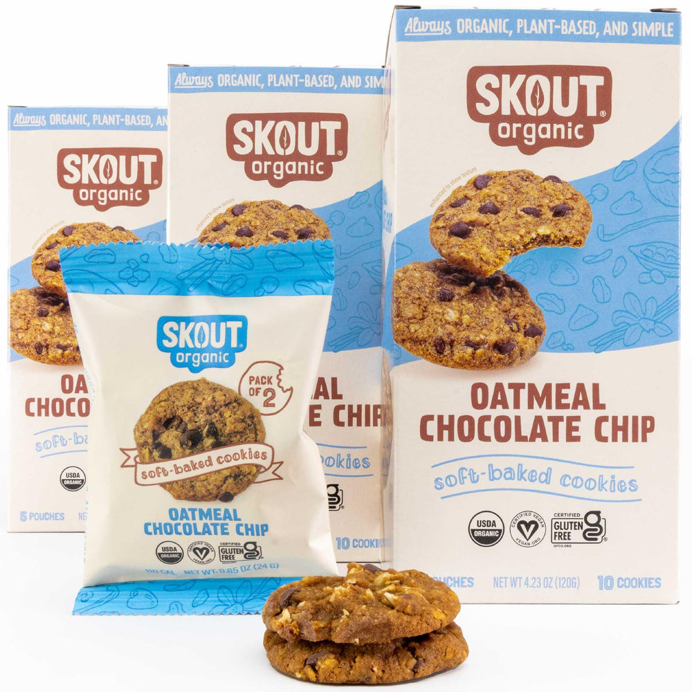 Skout Organic Oatmeal Chocolate Soft Baked Cookies packshot showing three flavors for versatile snacking