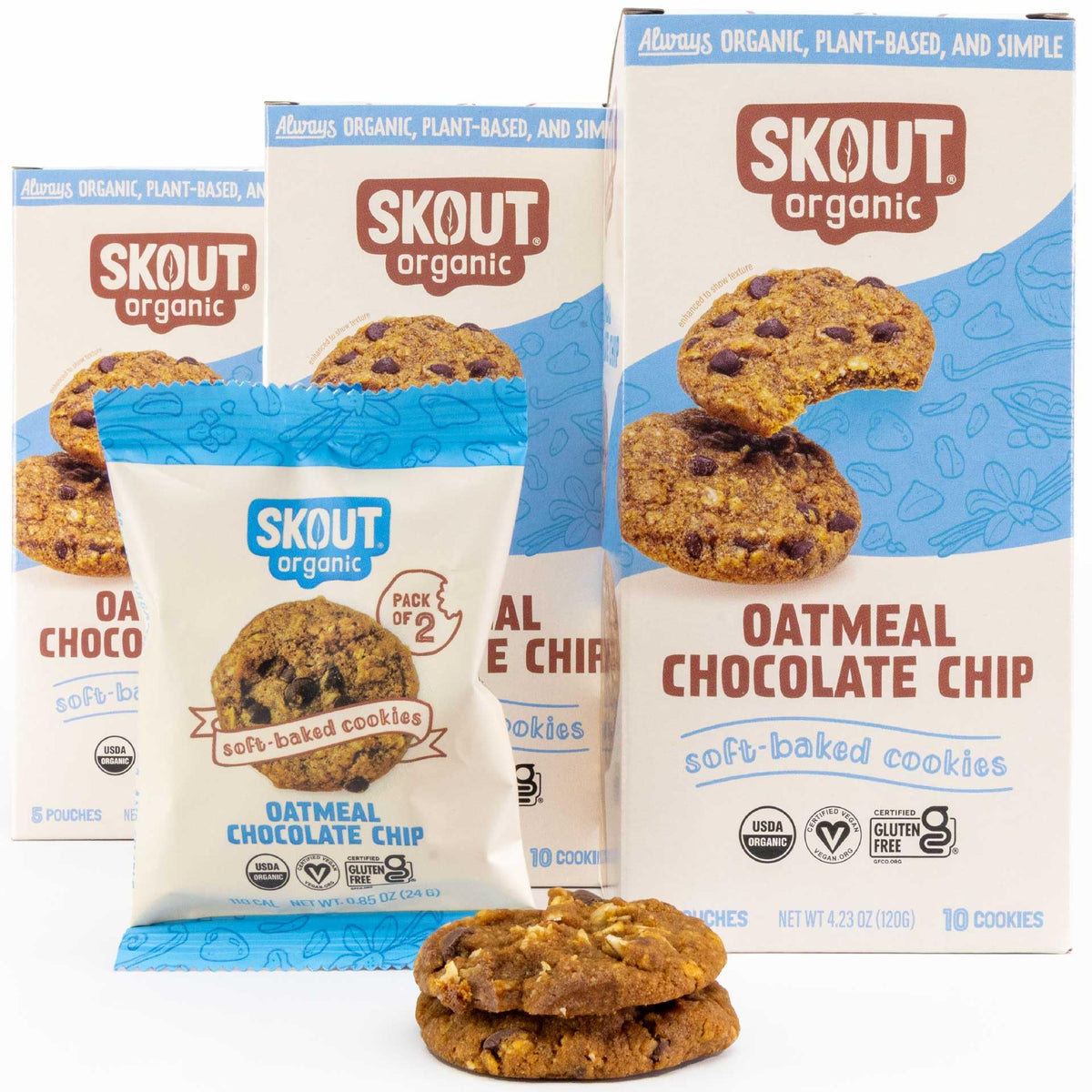 Skout Organic Oatmeal Chocolate Soft Baked Cookies packshot showing three flavors for versatile snacking
