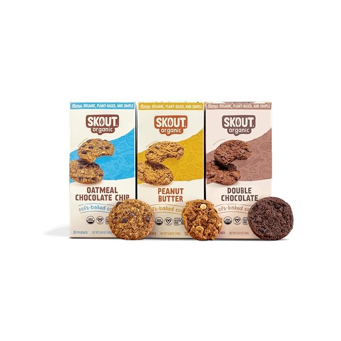 Skout Organic soft baked cookies double chocolate pouch, ideal for lunchboxes.