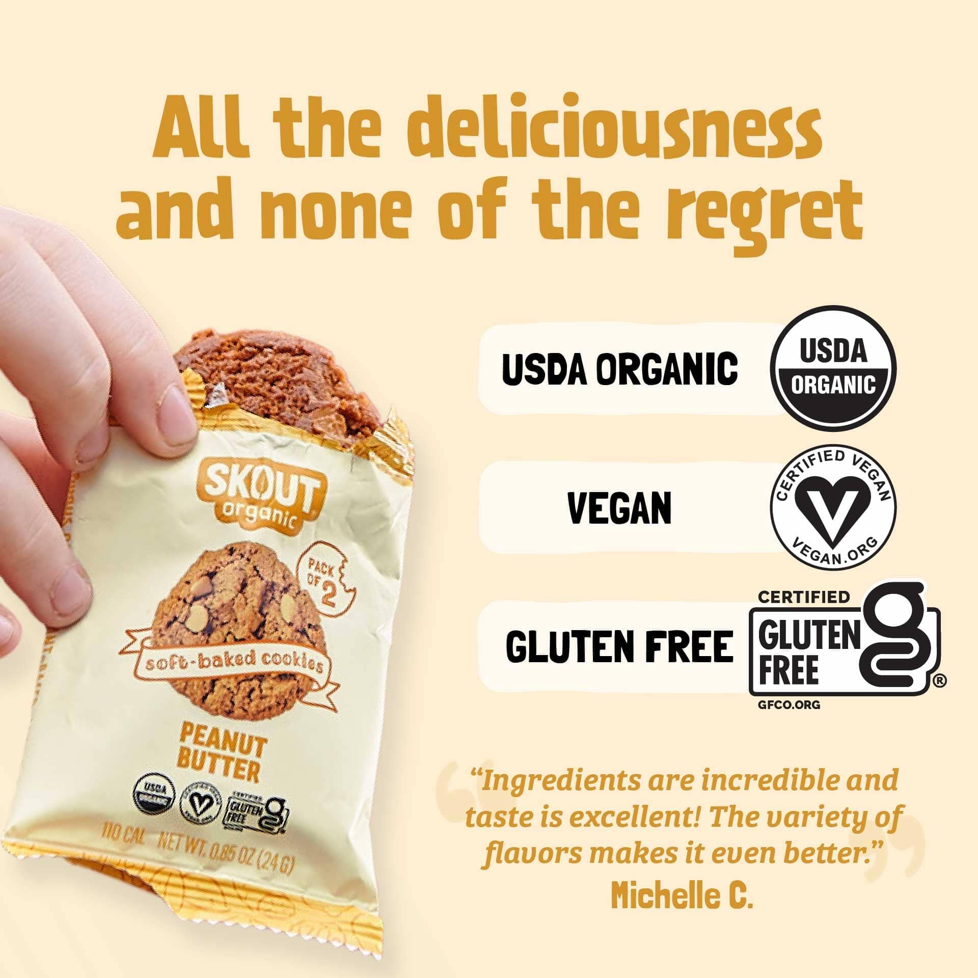 Skout Organic cookies ingredients focus, gluten-free, vegan, kosher certified.