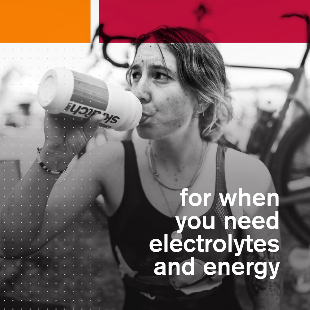 Real fruit flavor visuals behind Skratch Labs hydration powder highlight clean ingredients