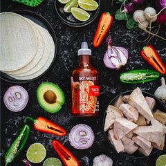 Sky Valley Taco Sauce bottle with squeezable top ready for quick taco night flavor