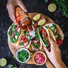 Sky Valley Taco Sauce on tacos adds medium heat and vivid color