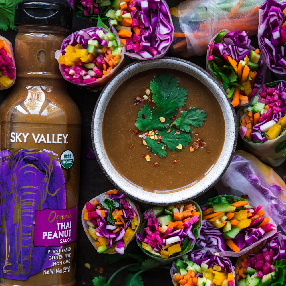 Satay skewers brushed with Sky Valley Thai Peanut Sauce.