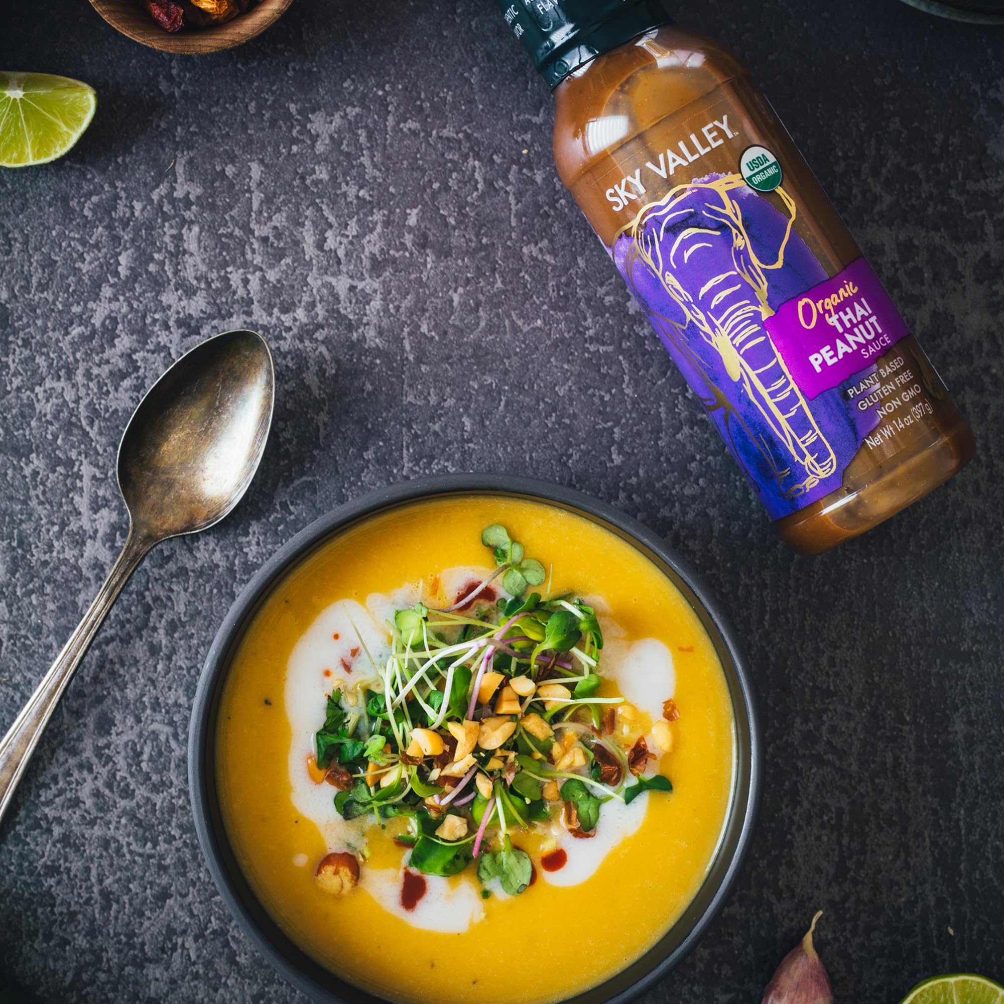 Sky Valley Thai Peanut Sauce serving-dish invites dipping and sharing rich flavor