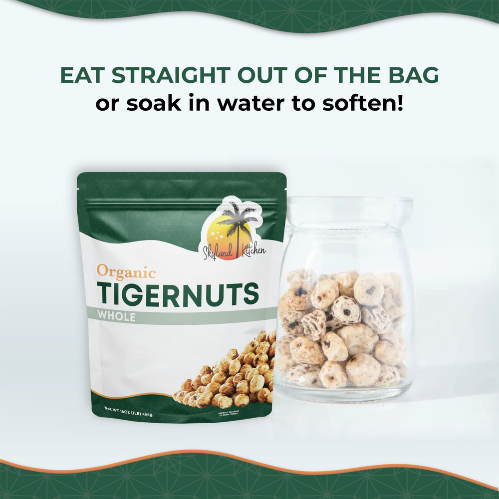 Skyland Kitchen tigernuts on a wooden board inviting a wholesome raw snack.