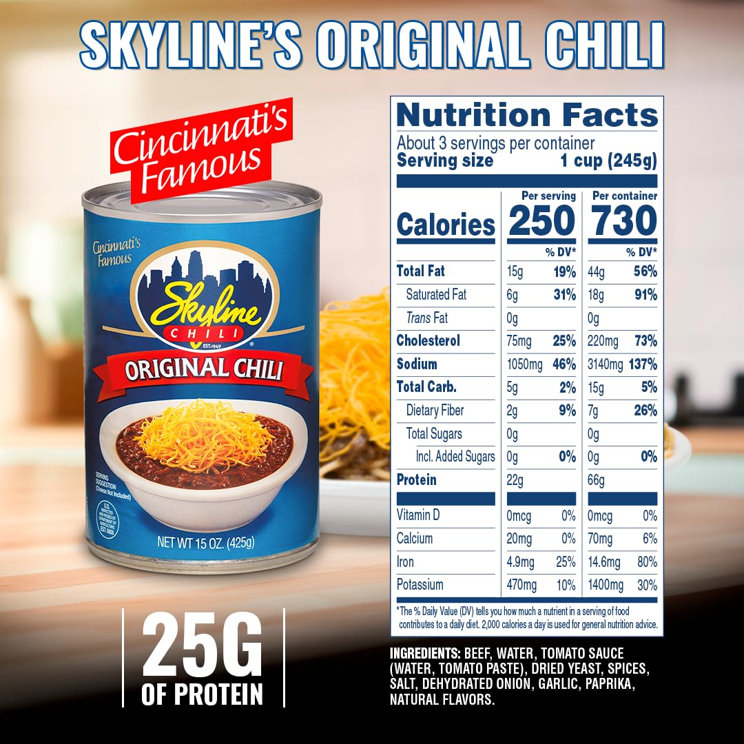 Skyline Chili recipe card shows ideas for dips and toppings
