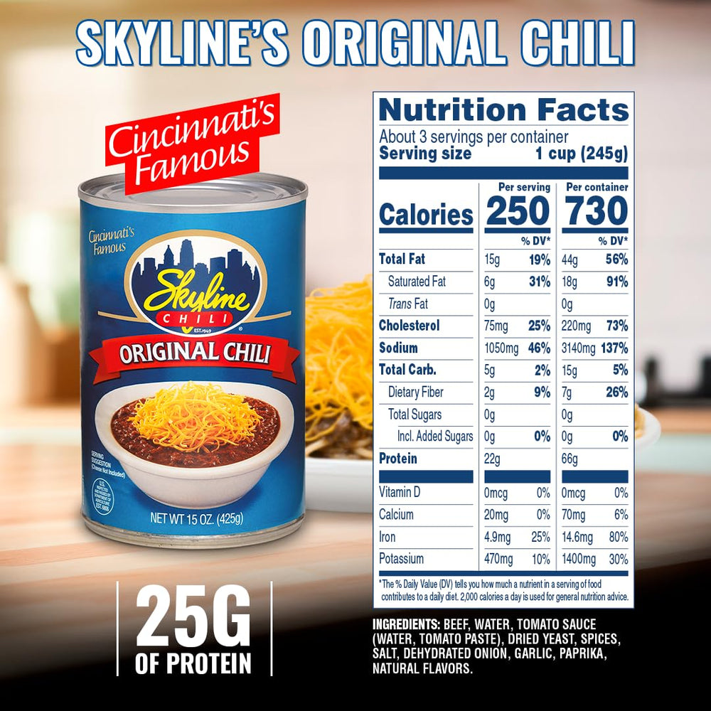 Skyline Chili recipe card shows ideas for dips and toppings