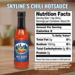 Skyline Chili sauce label close-up showing peppers for tangy kick