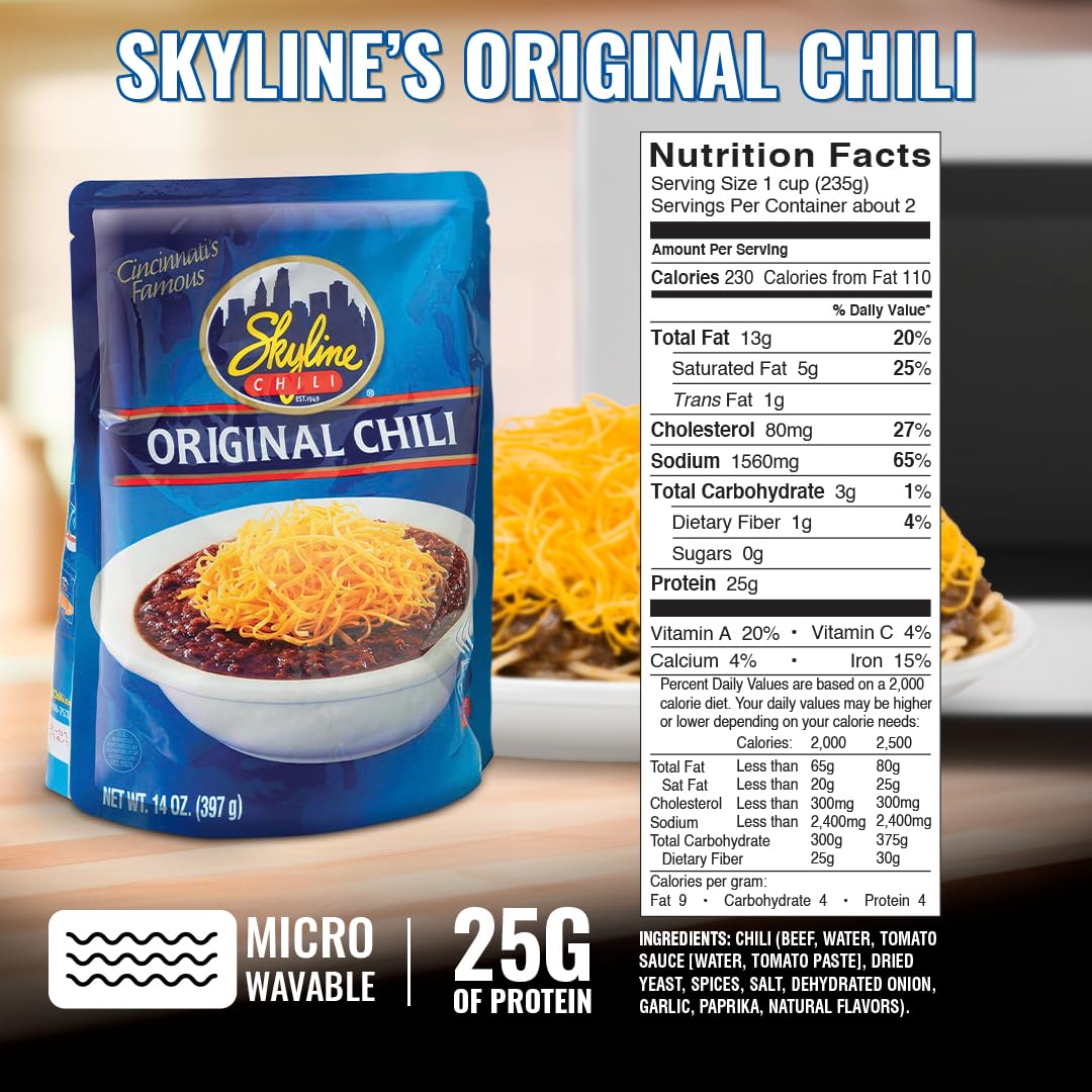 Skyline Original Chili Pouch open pour into a steaming bowl for easy serving