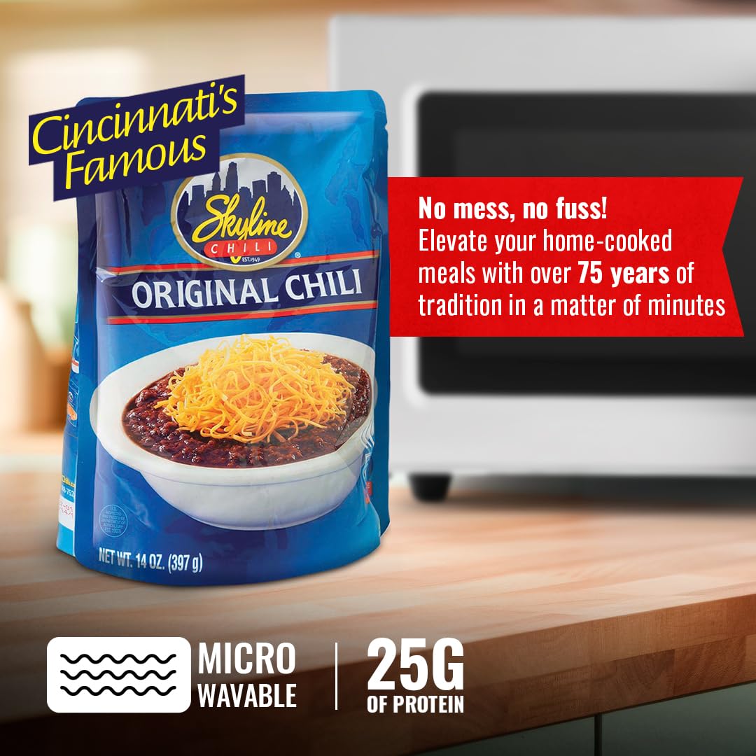 Skyline Original Chili Pouch steaming bowl releases rich aroma for cozy dinners
