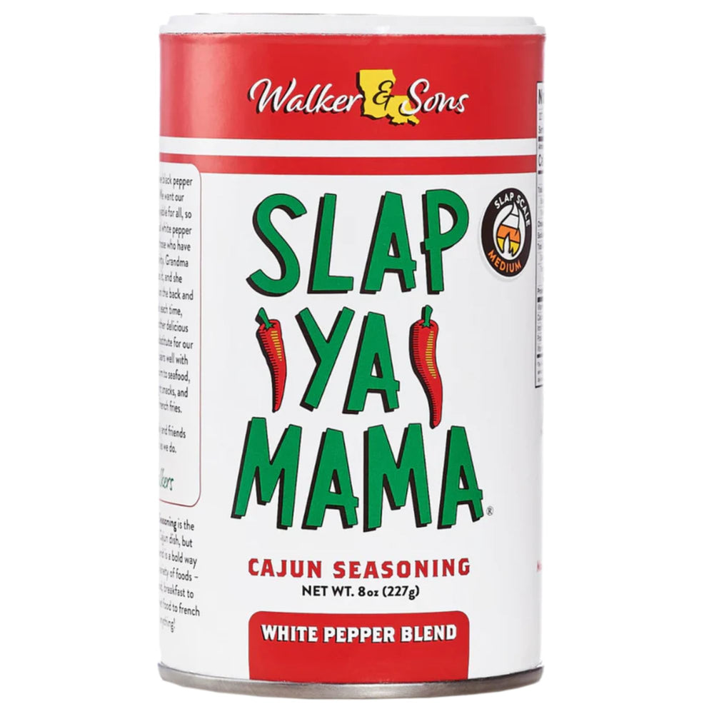 Slap Ya Mama white pepper Cajun seasoning label on jar for bold flavor